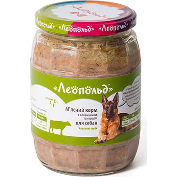  Мясной корм для собак (говядина, сердце), 720г. ТМ 'Леопольд'