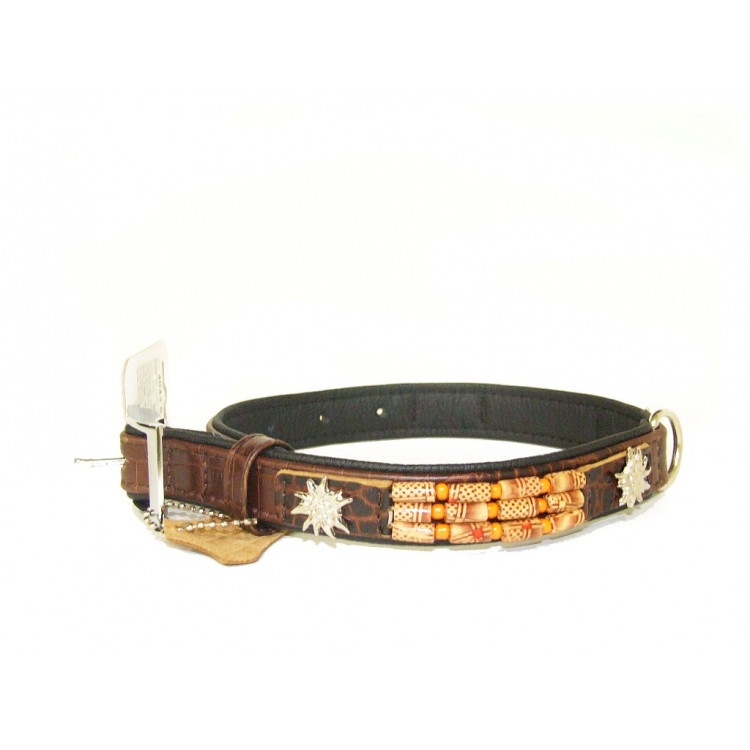 Ошейник кожаный Collar ALLIGATOR, коричневый верх/черный низ с деревянными украшениями, S. Collar (Коллар)
