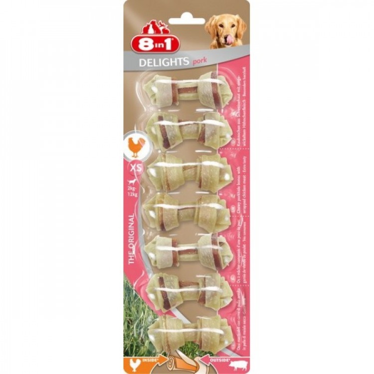 Delights Pork XS. Косточки для собак с курицей и свининой, XS (7см), 7 шт. 8in1 (8в1)