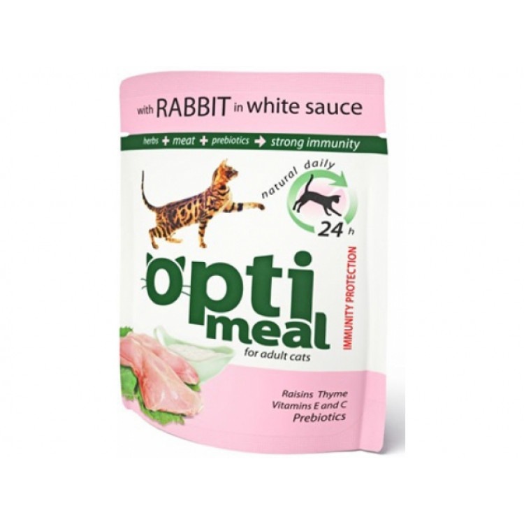 OptiMeal (ОптиМил) Rabbit and White sauce. Консервы для кошек с кроликом в белом соусе, 85 гр