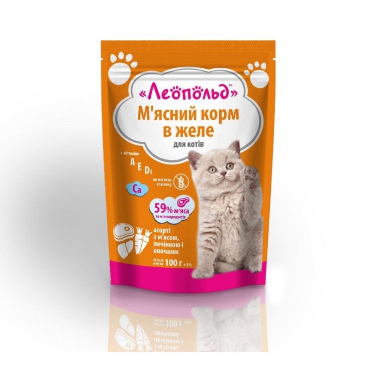 Ассорти в желе (мясо, печень, овощи), для котов, 100г. ТМ 'Леопольд'