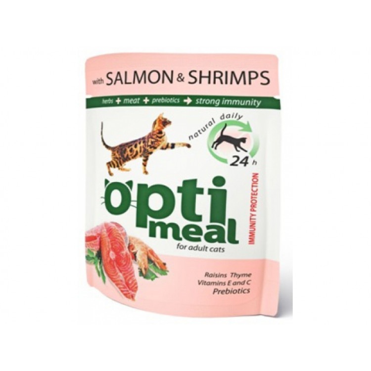 OptiMeal (ОптиМил) Salmon and Shrimps. Консервы для кошек с лососем и креветками, 85 гр