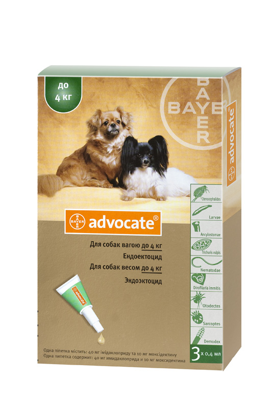 Advocate (Адвокат). Капли противопаразитарные для собак весом до 4 кг. Bayer (Байер)