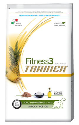 Trainer (Трейнер) Fitness3 Adult Medium-Maxi with Duck, rice and oil. Сухой монопротеиновый корм для взрослых собак средних и крупных пород с уткой, 3 кг
