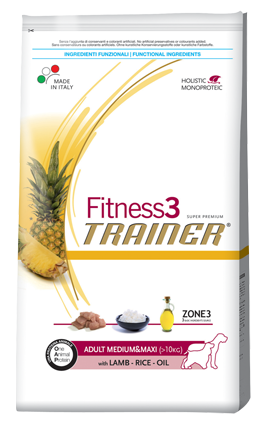 Trainer (Трейнер) Fitness3 Adult Medium-Maxi with Lamb, rice and oil. Сухой монопротеиновый корм для взрослых собак средних и крупных пород с ягненком, 3 кг
