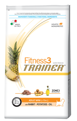 Trainer (Трейнер) Fitness3 Adult Mini with Rabbit, potatoes and oil. Сухой монопротеиновый корм для взрослых собак мелких пород с кроликом, 0.8 кг