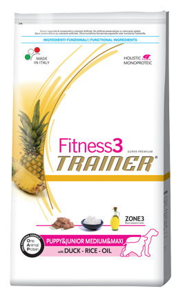 Trainer (Трейнер) Fitness3 Puppy and Junior Medium-Maxi with Duck, rice and oil. Сухой монопротеиновый корм для щенков средних и крупных пород с уткой, 1 кг