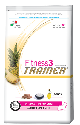 Trainer (Трейнер) Fitness3 Puppy and Junior Mini with Duck, rice and oil. Сухой монопротеиновый корм для щенков мелких пород с уткой, 0,8 кг